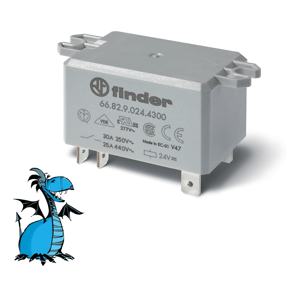 Finder - Relais de puissance 2NO 30A 24V DC, patte de fixation, Faston 250, AgSnO2