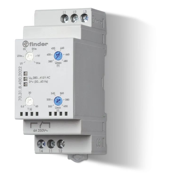 Finder - Relais contrôle tension tri 1RT 10A 380 à 415V AC, multifonction