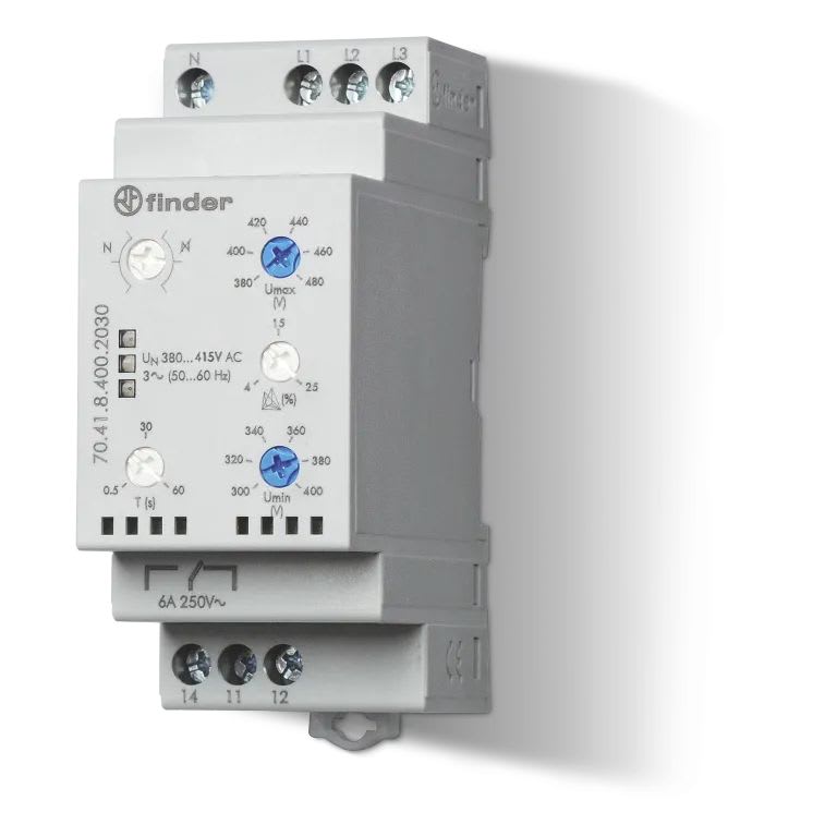 Finder - Relais contrôle tension tri + neutre AC 1RT 6A 380 à 415V AC, multifonc