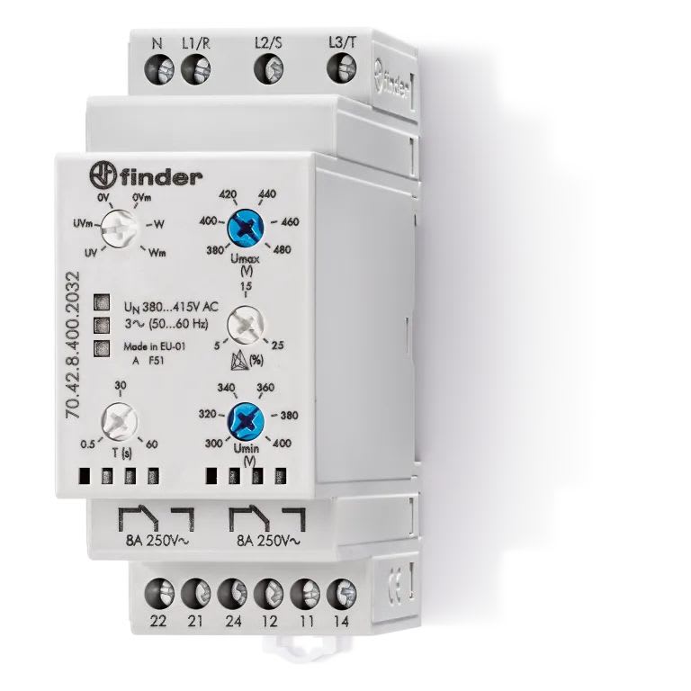 Finder - Relais contrôle tension tri + neutre AC 2RT 6A 380 à 415V AC multifonc program