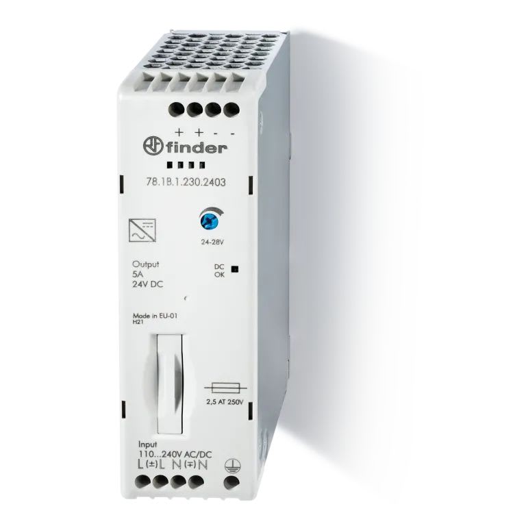 Finder - Alim indus E= 110/230VAC et 220VDC S= 24VDC 5A 110W, fusible incorporé