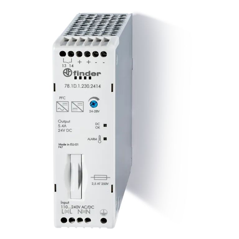 Finder - Alim indus E= 88/265VAC S= 24VDC 5,4A 130W, fusible incorporé, PFC, pré-alarme