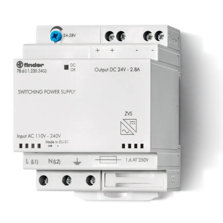 Finder - Alimentation 2,8A IN : 110 à 240V AC, OUT : 24V DC 60W, fusible + régulateur