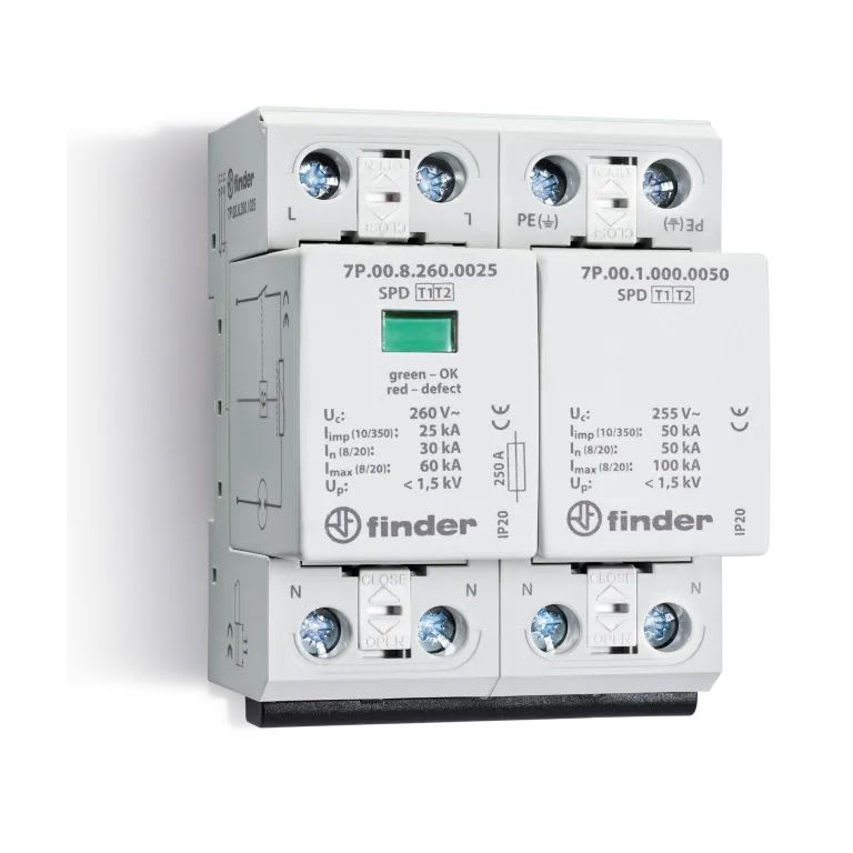 Finder - Paraf T1+2 1varist + éclat Un 230V Iimp 12,5kA 1,5kV avec Telesignalisation