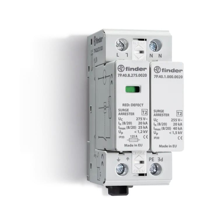 Finder - Paraf T2 mono varistor + éclateur, 230V, In20kA, Up1,2kV, Télésignalisation