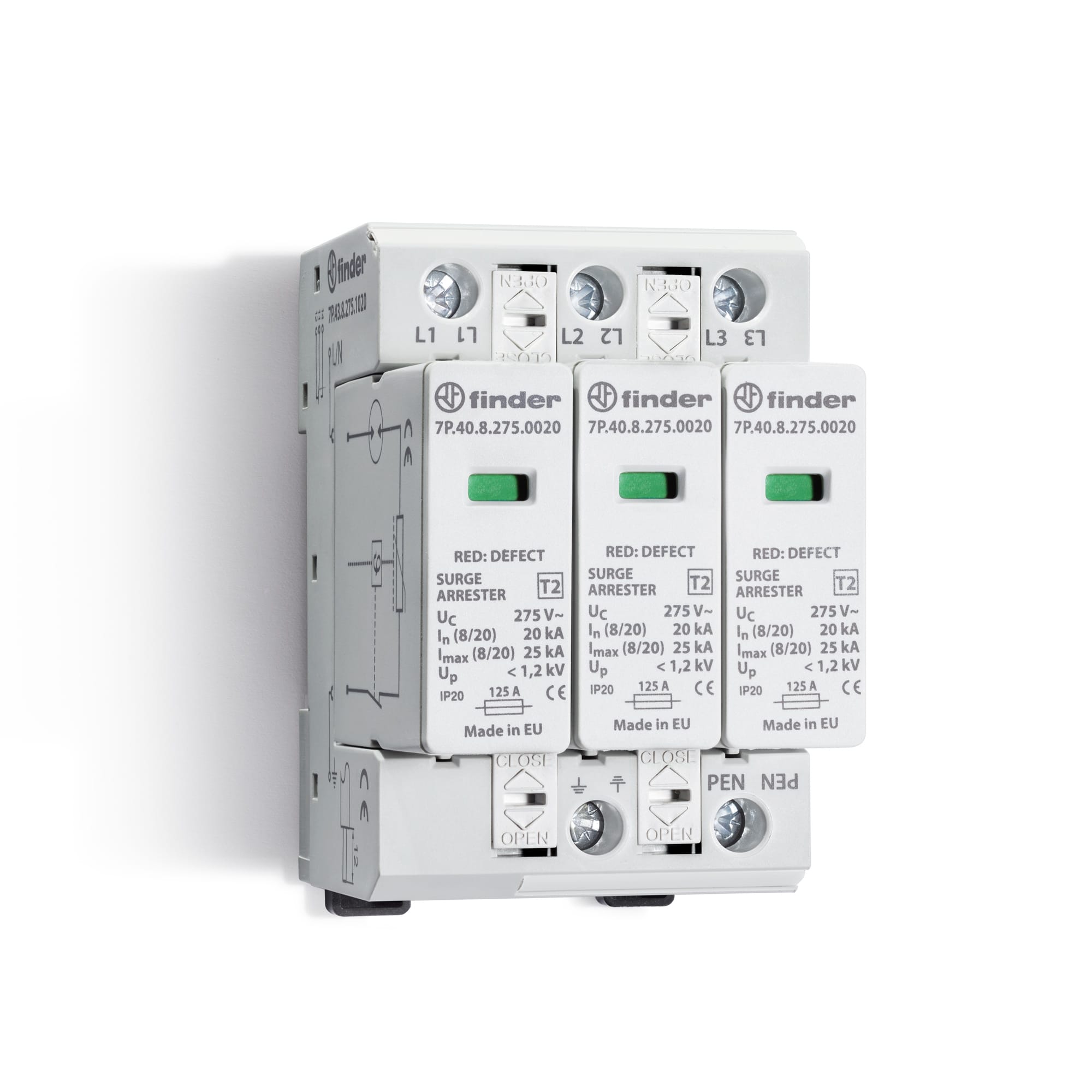 Finder - Paraf T2 tri, 3 varistors 230V, In20kA, Up1,2kV, Télésignalisation