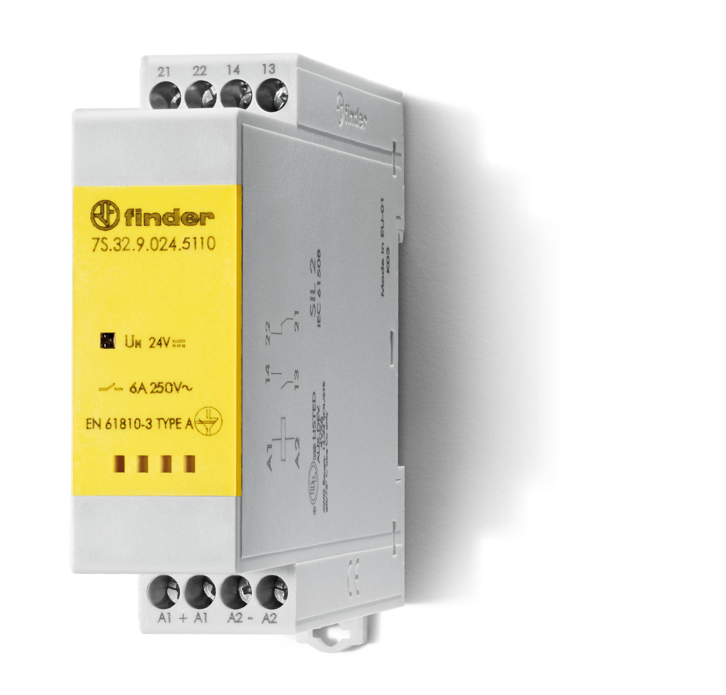 Finder - Relais mod contacts guidés 1NO+1NC 6A 12V DC, AgNi+Au, SIL2, à cage