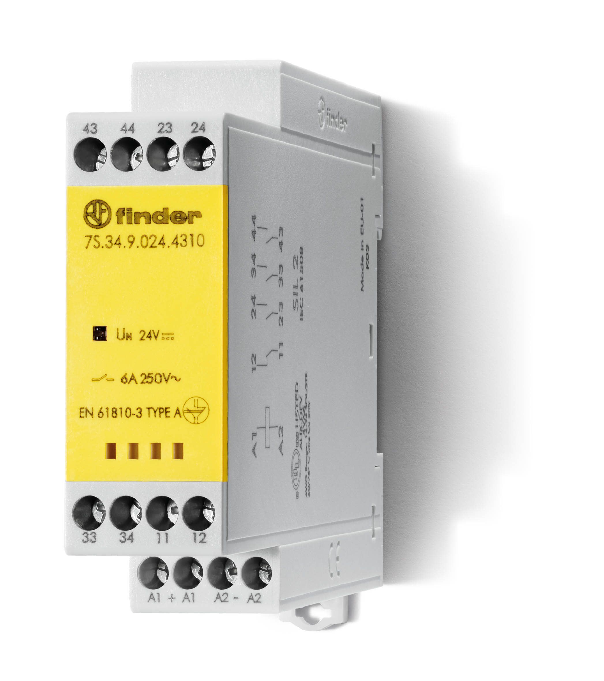 Finder - Relais mod contacts guidés 3NO + 1NC 6A 230 à 240V AC, AgSnO2, SIL2, à cage