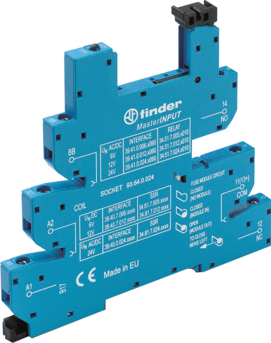 Finder - Support 6A 250V 24V AC-DC, pour serie 3940, bleu, a ressort, 6,2mm