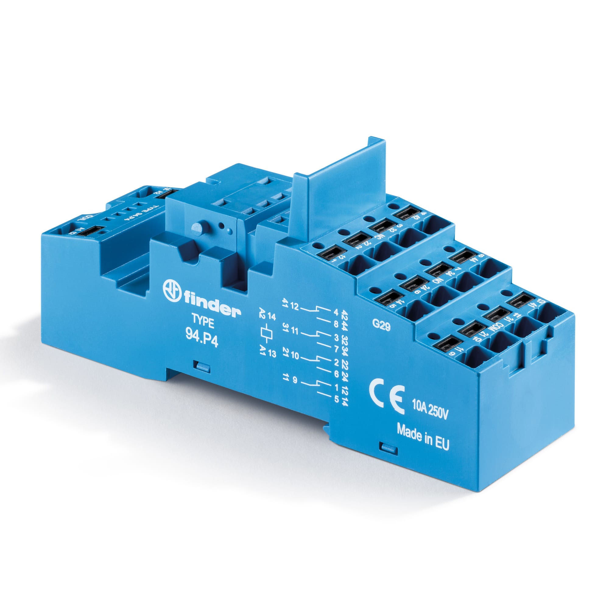 Finder - Support 10A 250V série 5532, 5534, bleu, étrier métal, Push-in, ferroviaire
