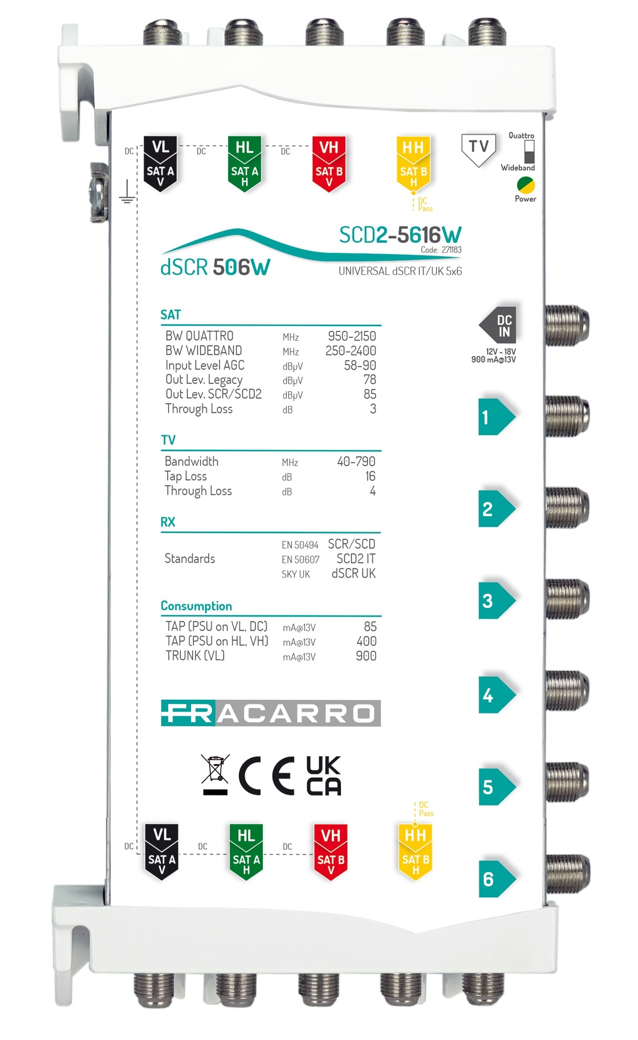 Fracarro Portenseigne - MSW SCD2 Casc 4 SAT + TV passive, 6 sorties