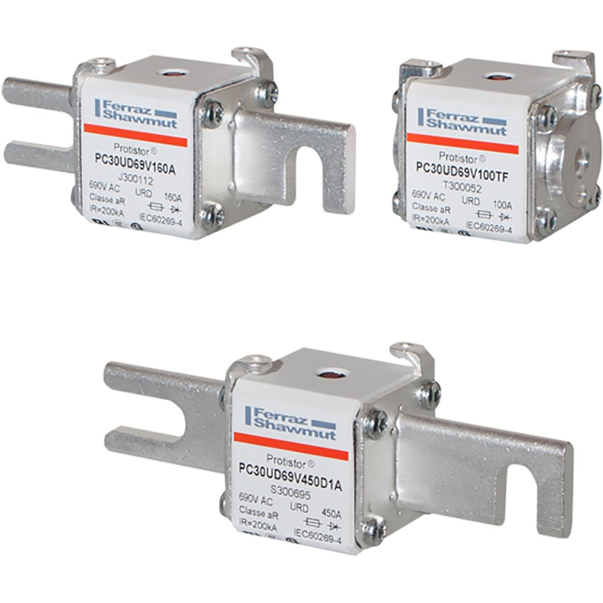 Mersen - Fusible ultra rapide 30 aR 690VAC 63A Percuteur Couteaux courts à trous oblongs