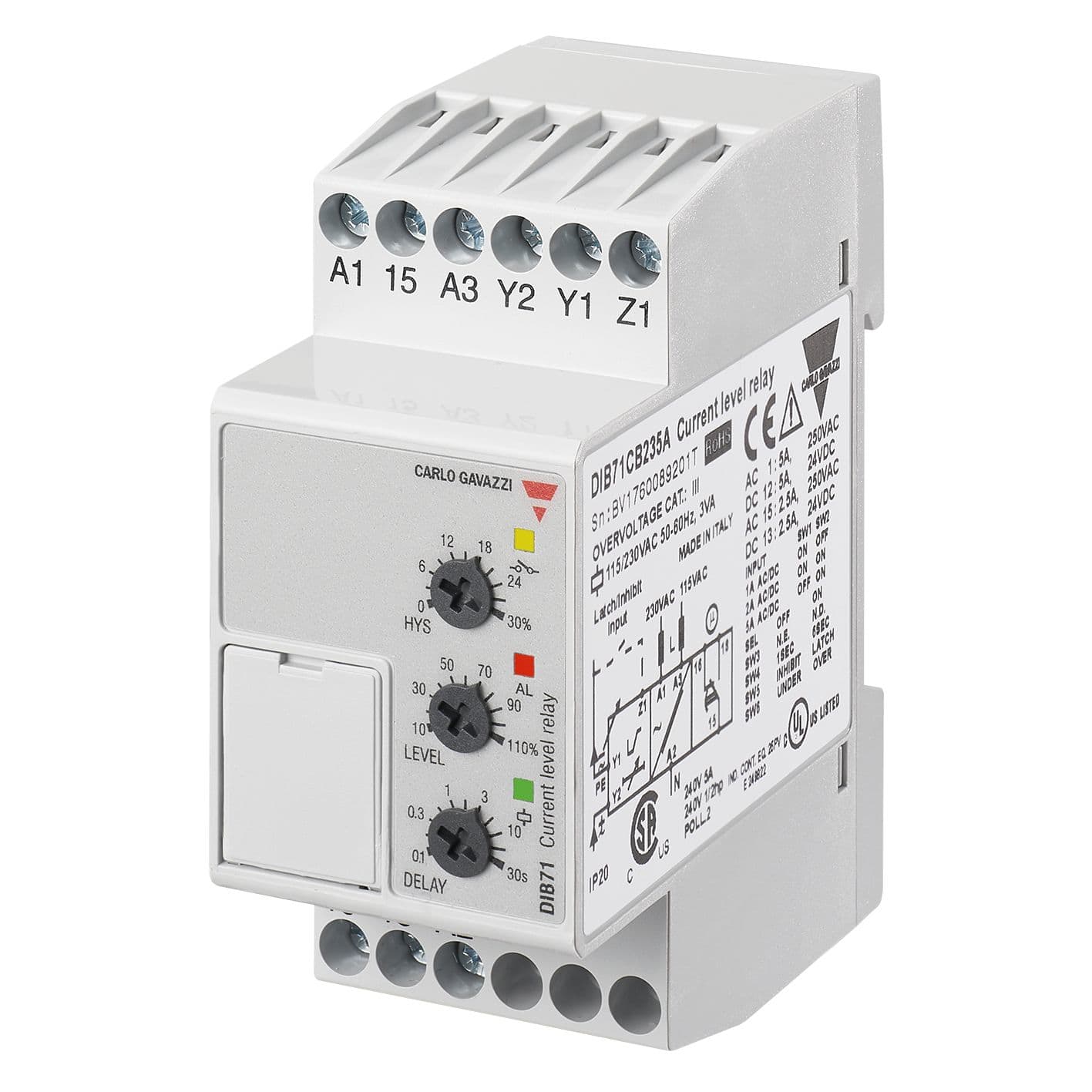 Carlo Gavazzi - Relais de contrôle sur/sous-intensité - Mesure : 0,1 à 5A CA/CC -  24/48Vca