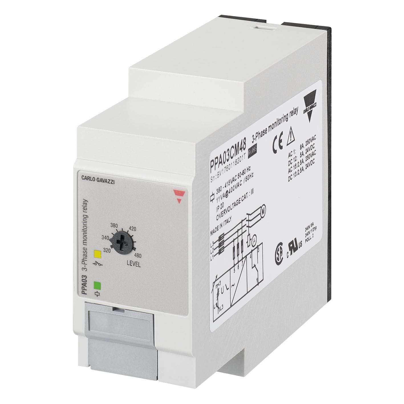 Carlo Gavazzi - Relais de SS tension, ordre perte de phase-380-415Vca-1RT 8A-380-415Vca Embrocha