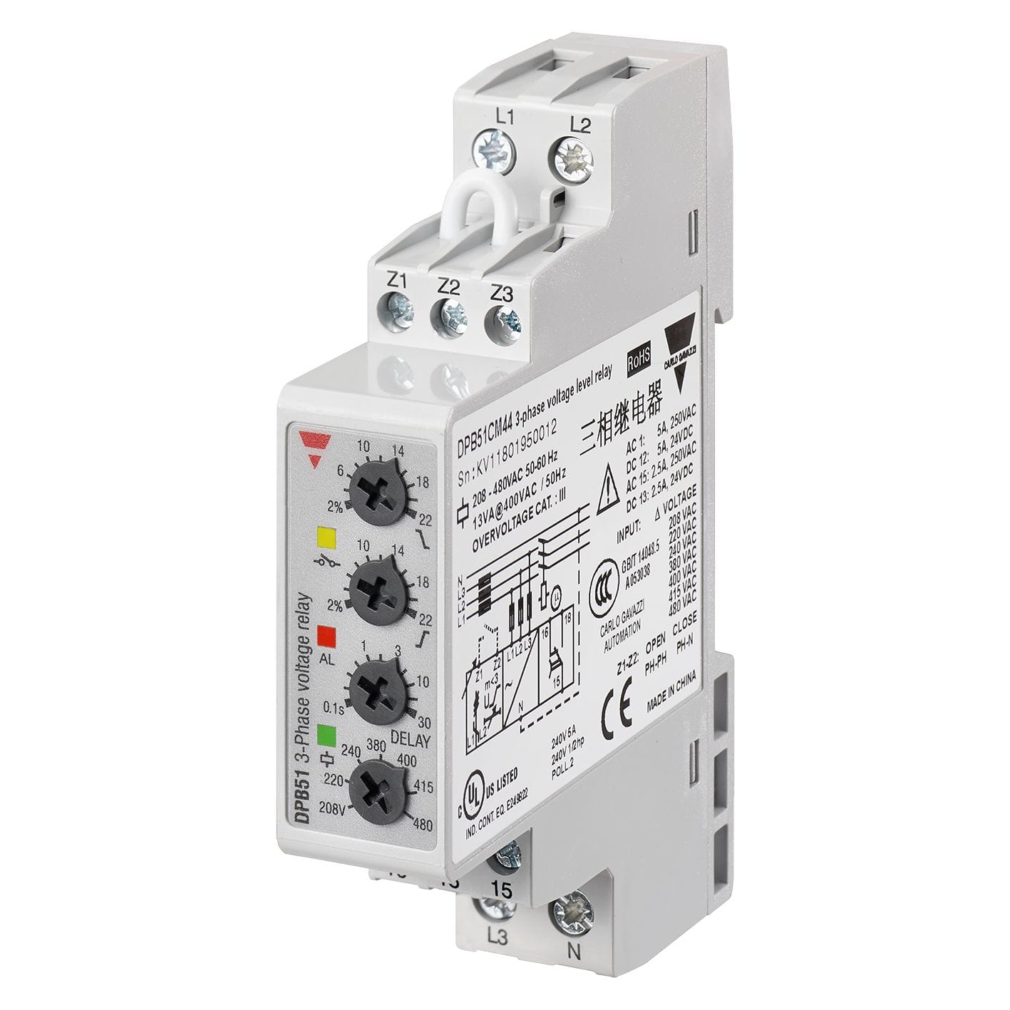 Carlo Gavazzi - Relais de contrôle sur/sous-tension ordre et perte de phase-Mesure: 208-480Vca