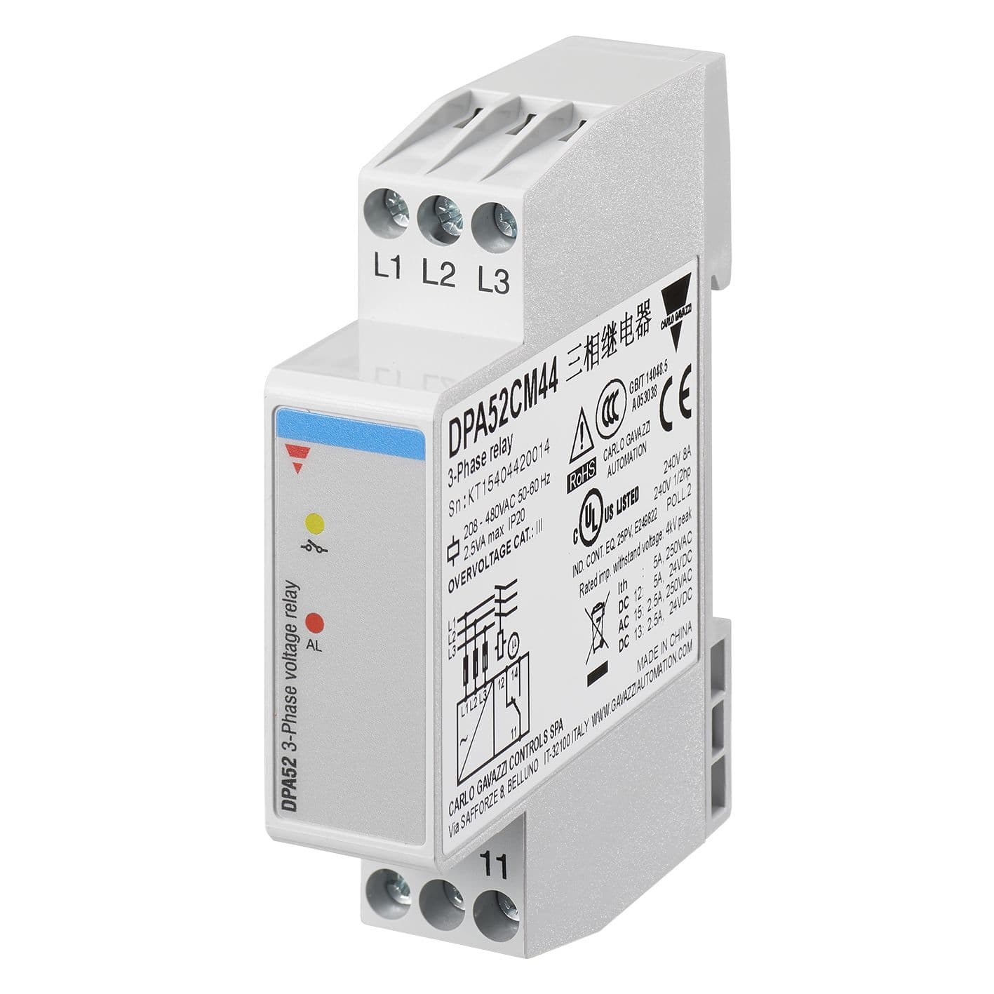 Carlo Gavazzi - Relais de contrôle sur/sous tension, ordre et perte de phase -Mesure: 208-480Vca