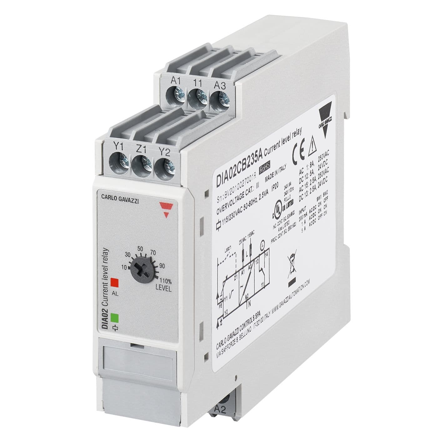 Carlo Gavazzi - Relais de contrôle monophasé de surintensité CA/CC, TRMS 24 à 48 VCA/CC