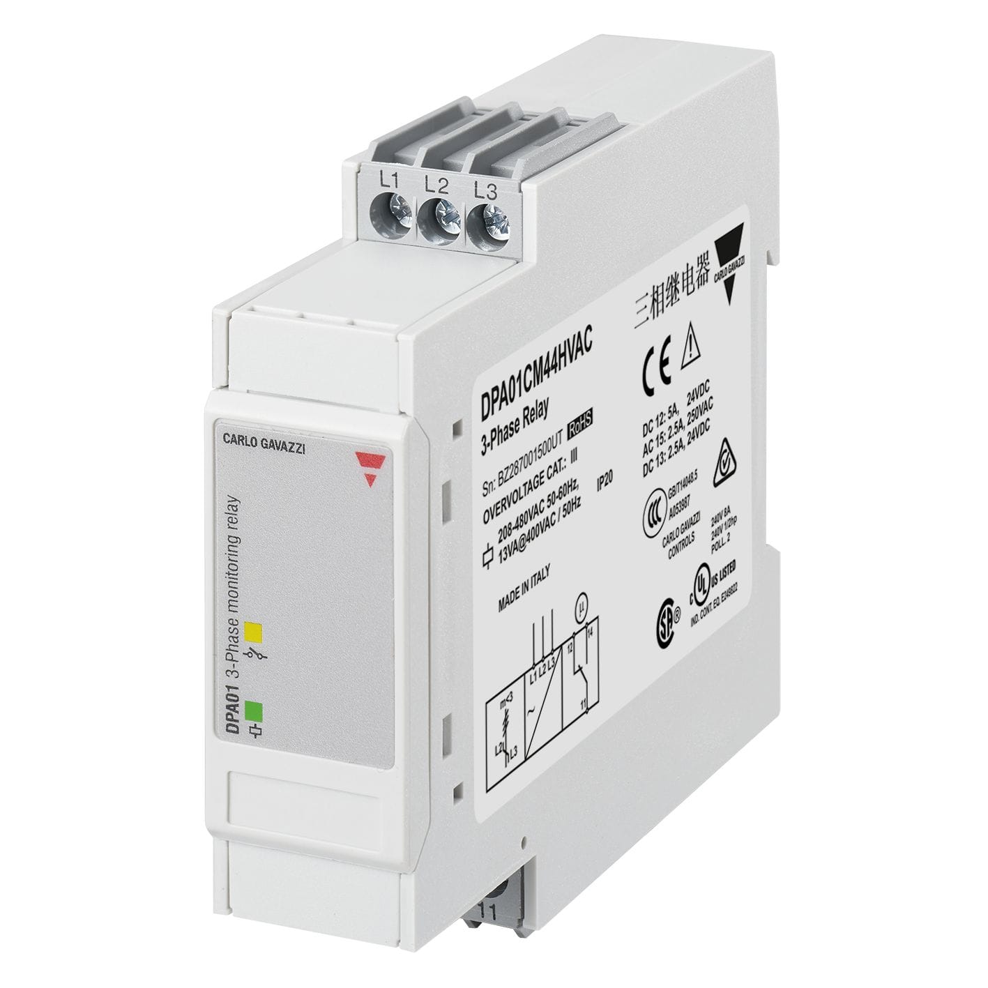 Carlo Gavazzi - Relais de surveillance des pertes et séquences triphasés, 480Vca HVAC,1RT,22,5mm