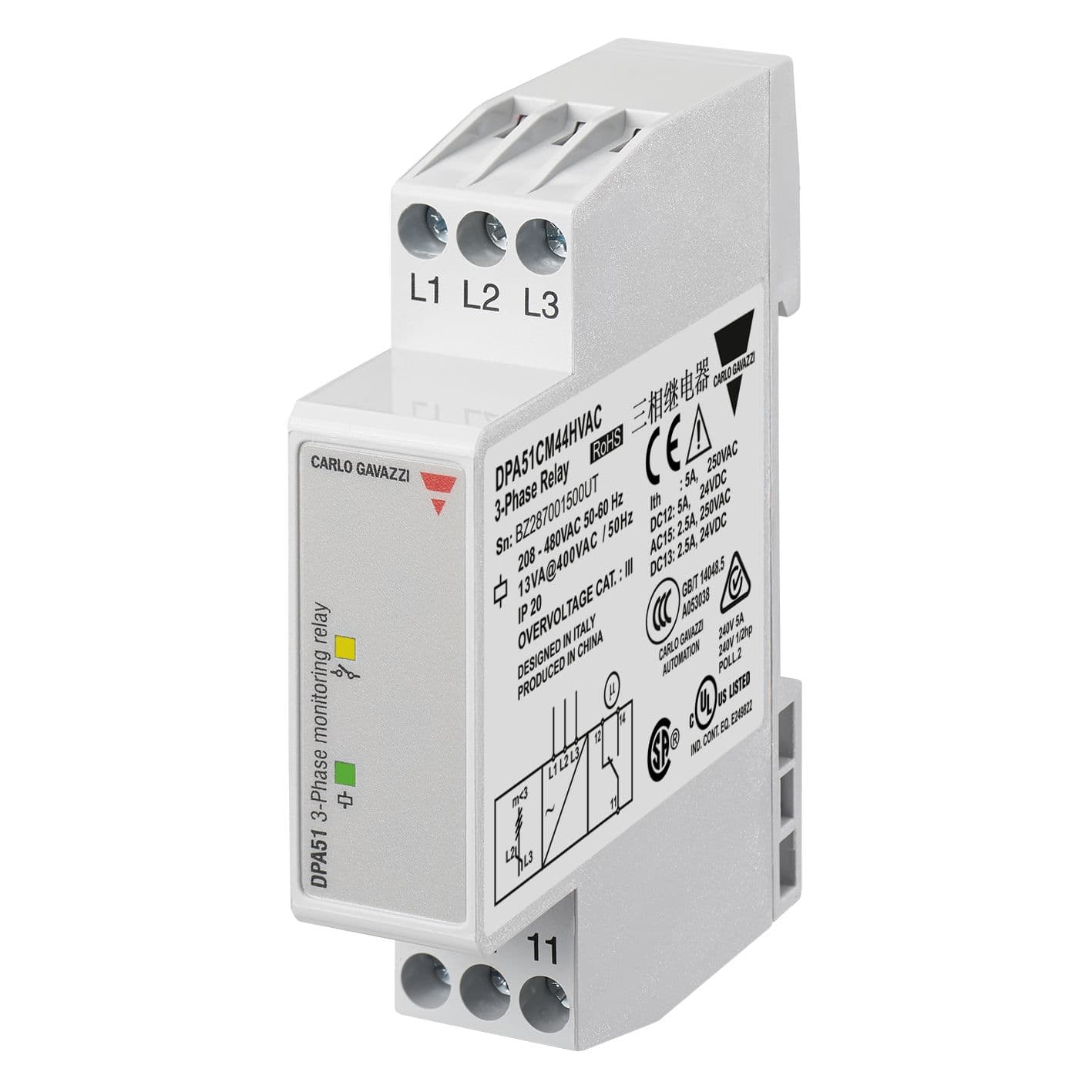 Carlo Gavazzi - Relais de surveillance des pertes et séquences triphasés, 480Vca HVAC,1RT,17,5mm