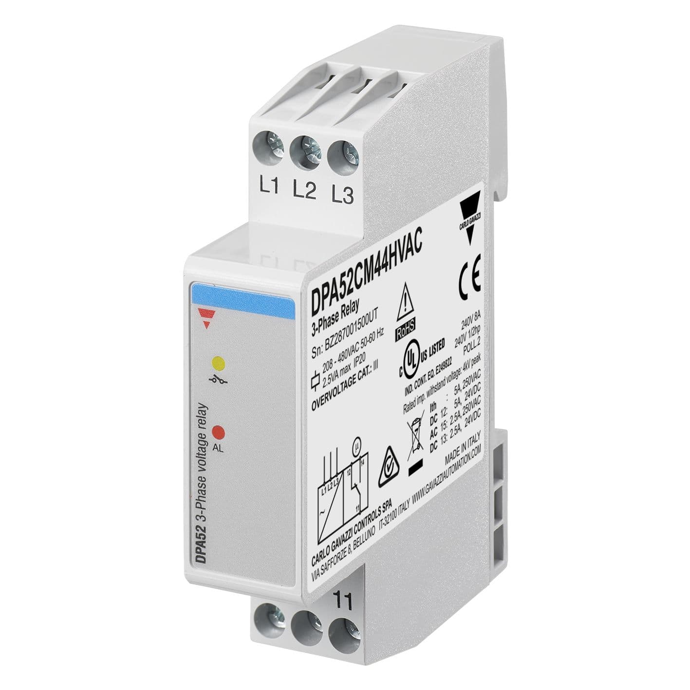 Carlo Gavazzi - Relais de surveillance des pertes et séquences triphasés, 480Vca HVAC,1RT,17,5mm