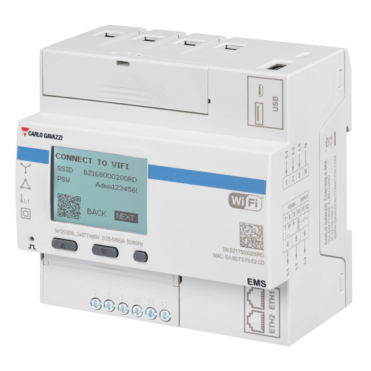 Carlo Gavazzi - Compteur IoT triphasé 65A, auto-alimenté, esclave MODBUS RS485, entrée numérique