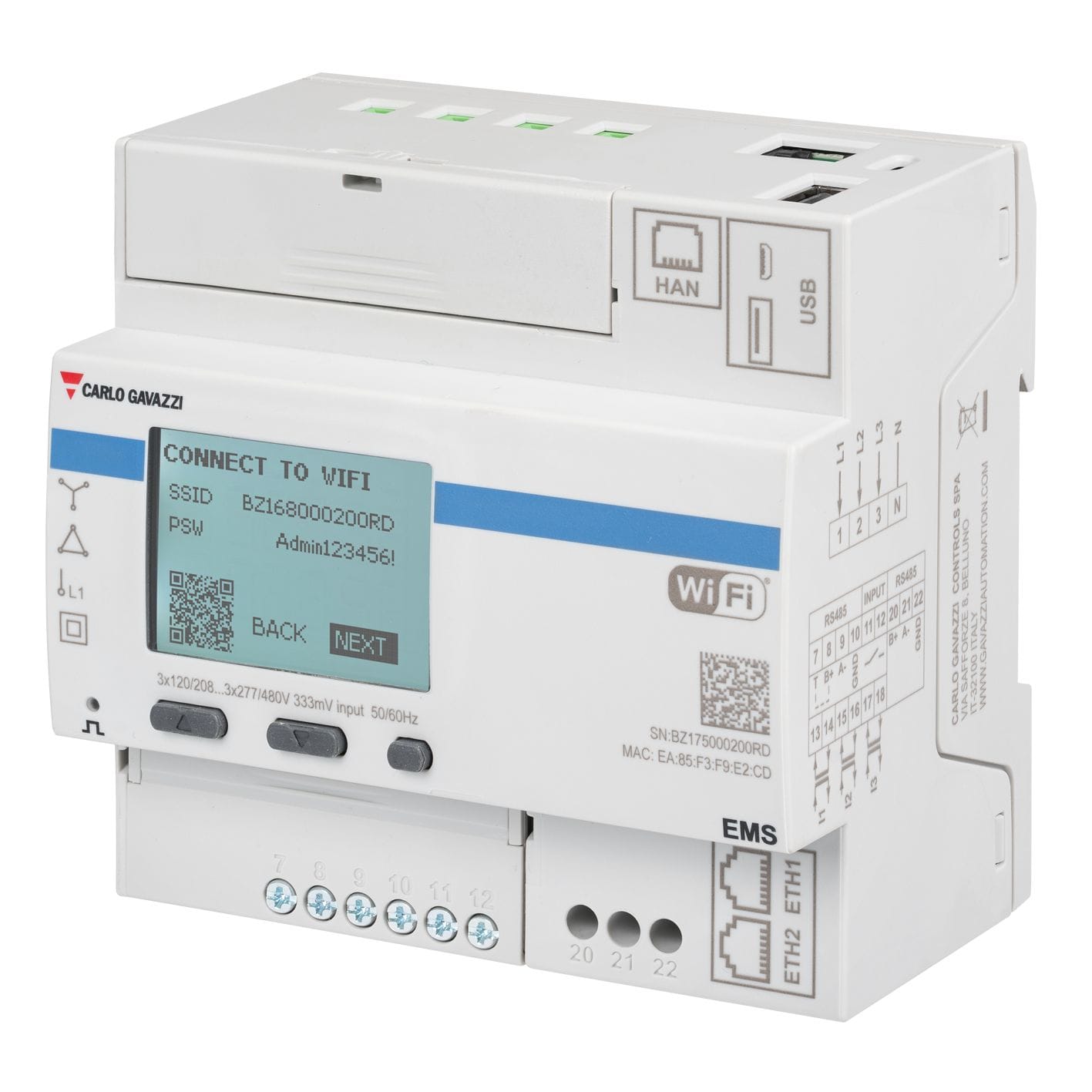 Carlo Gavazzi - Compteur IoT triphasé TI 5(6)A, maître & esclave MODBUS RS485, entrée numérique