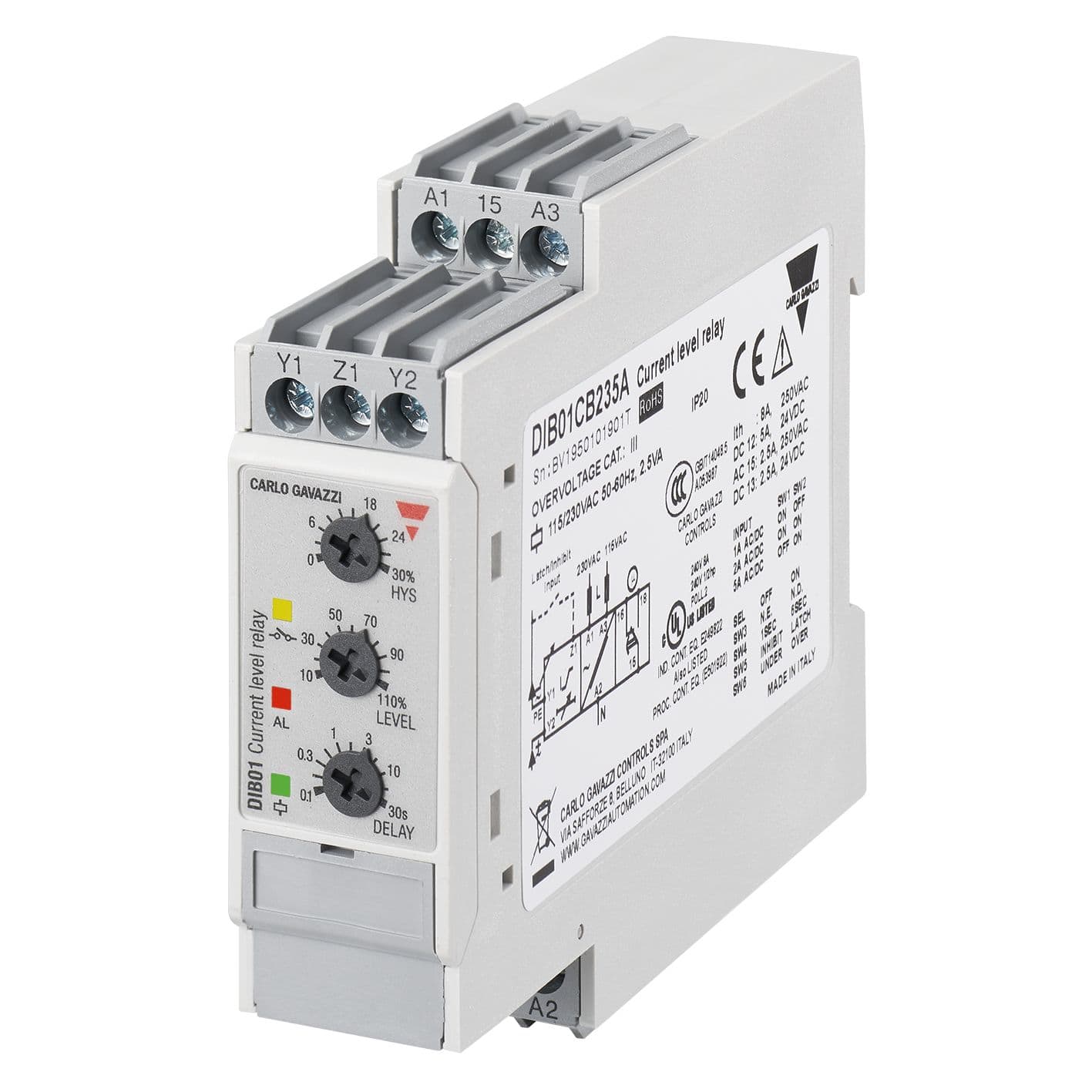 Carlo Gavazzi - Relais de contrôle sur/sous-intensité - Mesure : 0,1 à 5A CA/CC - 24/48Vca