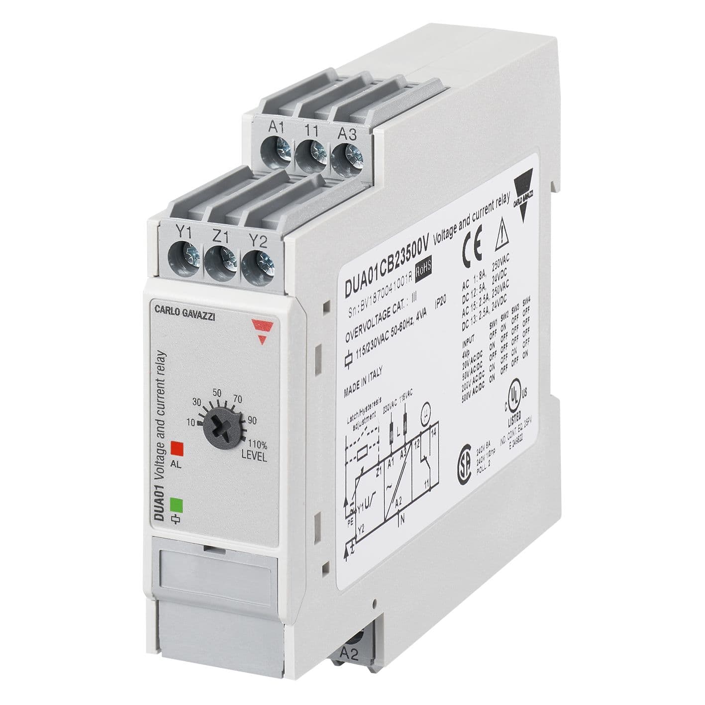 Carlo Gavazzi - Relais de contrôle surintensité/surtension - Mesure: 2-500Vca - 24/48Vca