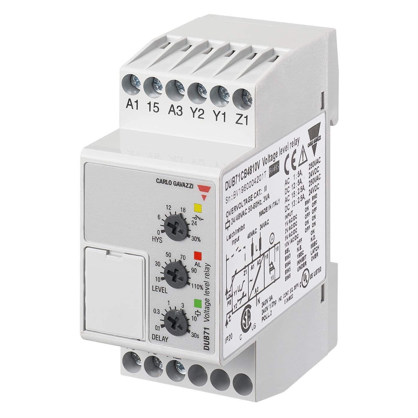 Carlo Gavazzi - Relais de contrôle sur/sous-tension - Mesure: 0,1-10Vca/cc - 24/48Vca