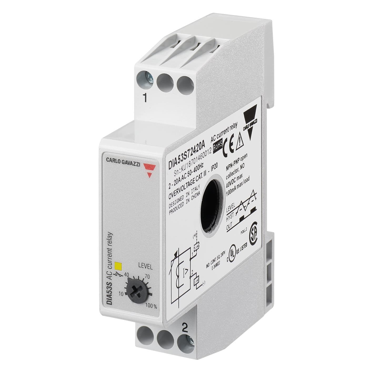 Carlo Gavazzi - Relais de contrôle  surintensité - Ø 12mm - Mesure: 5-50A - 2 fils 40Vcc
