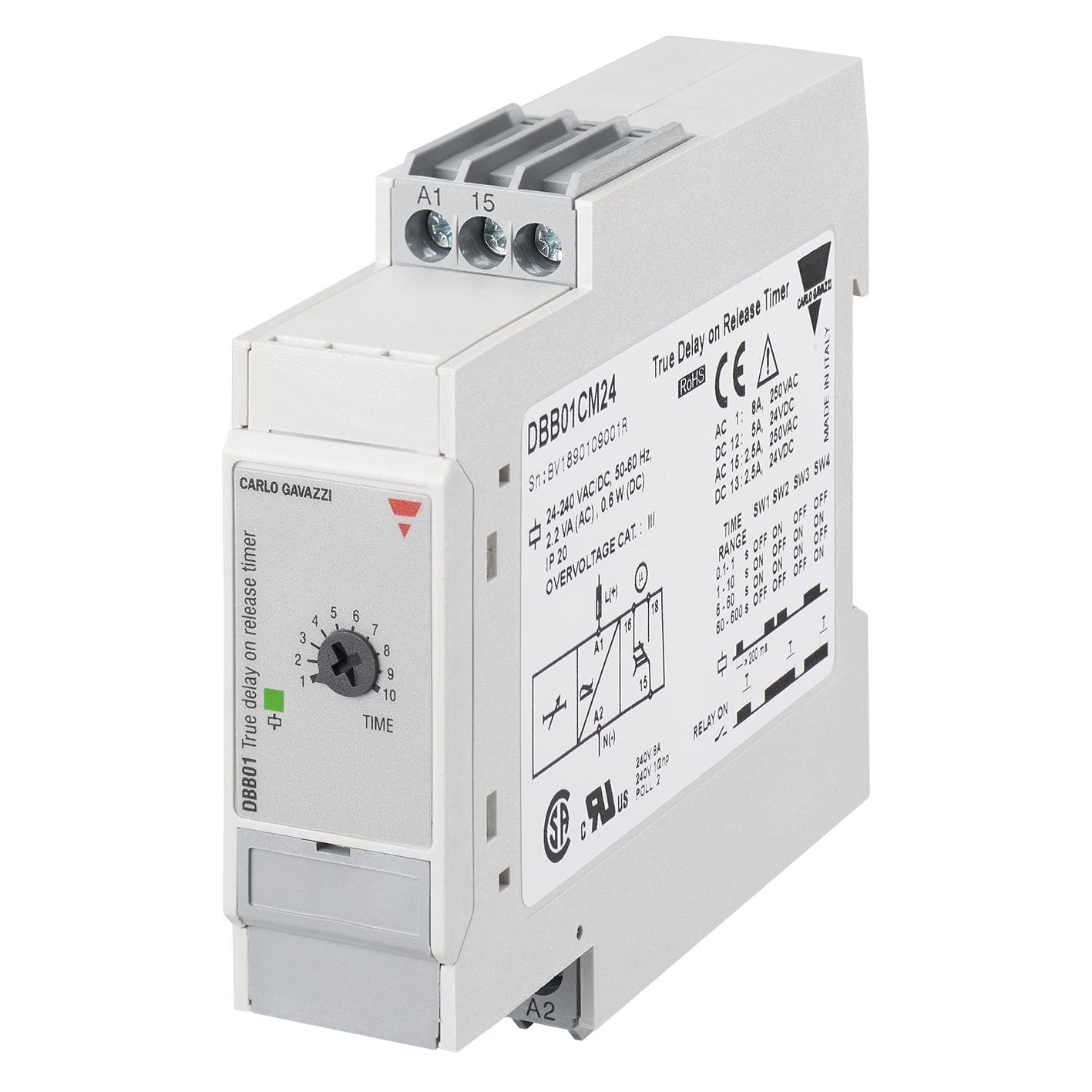 Carlo Gavazzi - Tempo travail à la mise hors tension - 1 RT 8A 12-24Vcc - 0,1s..600S