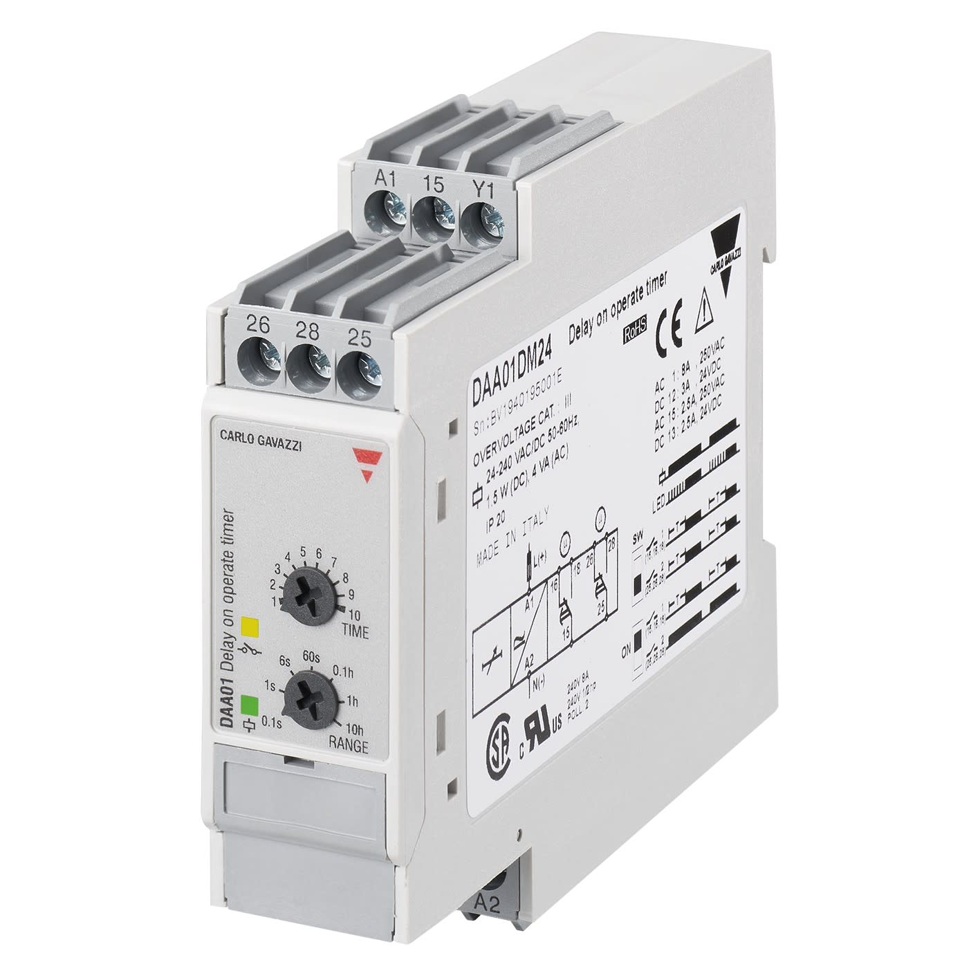 Carlo Gavazzi - Tempo travail à la mise sous tension - 2 RT 8A 24...240Vca/cc -0,1 s..100h