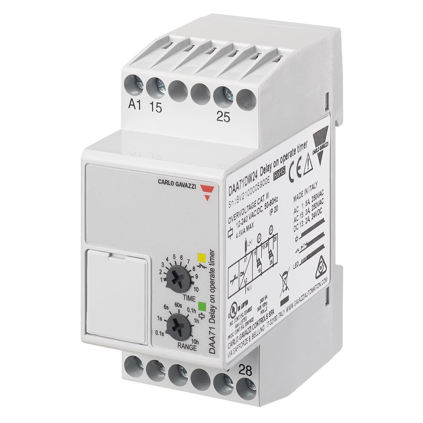 Carlo Gavazzi - Tempo travail à la mise sous tension - 2 RT 8A 24...240Vca/cc -0,1 s..100h