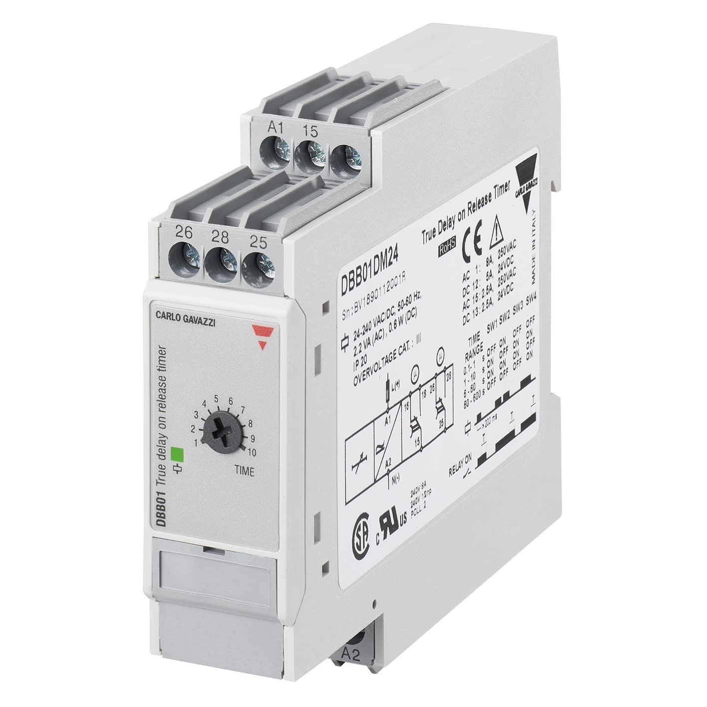 Carlo Gavazzi - Tempo travail à la mise hors tension - 2 RT 8A 12-24Vcc -0,1s..600S