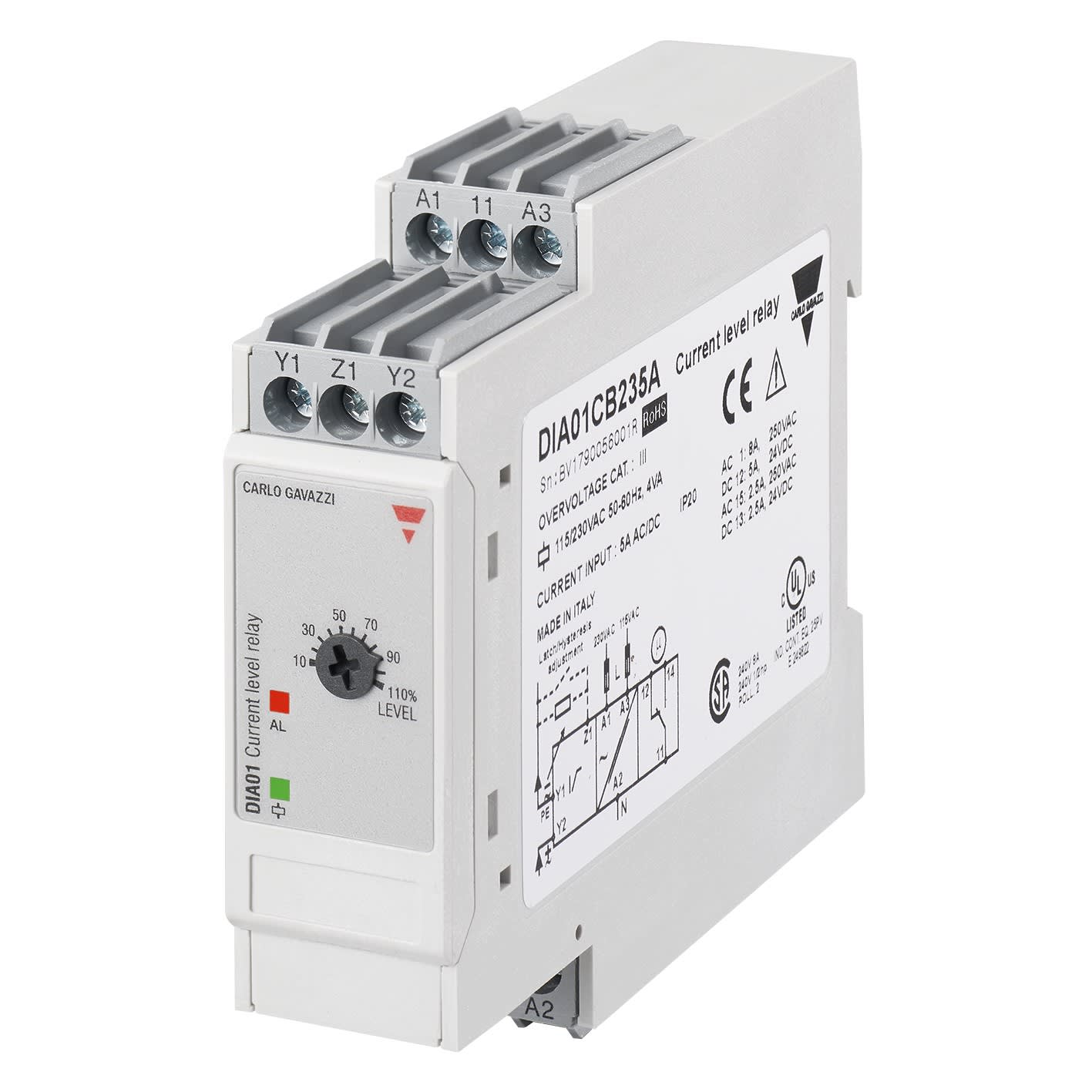 Carlo Gavazzi - Relais de contrôle surintensité - Mesure: 0,5 à 5A ou TC - 1RT 8A - 115-230Vca
