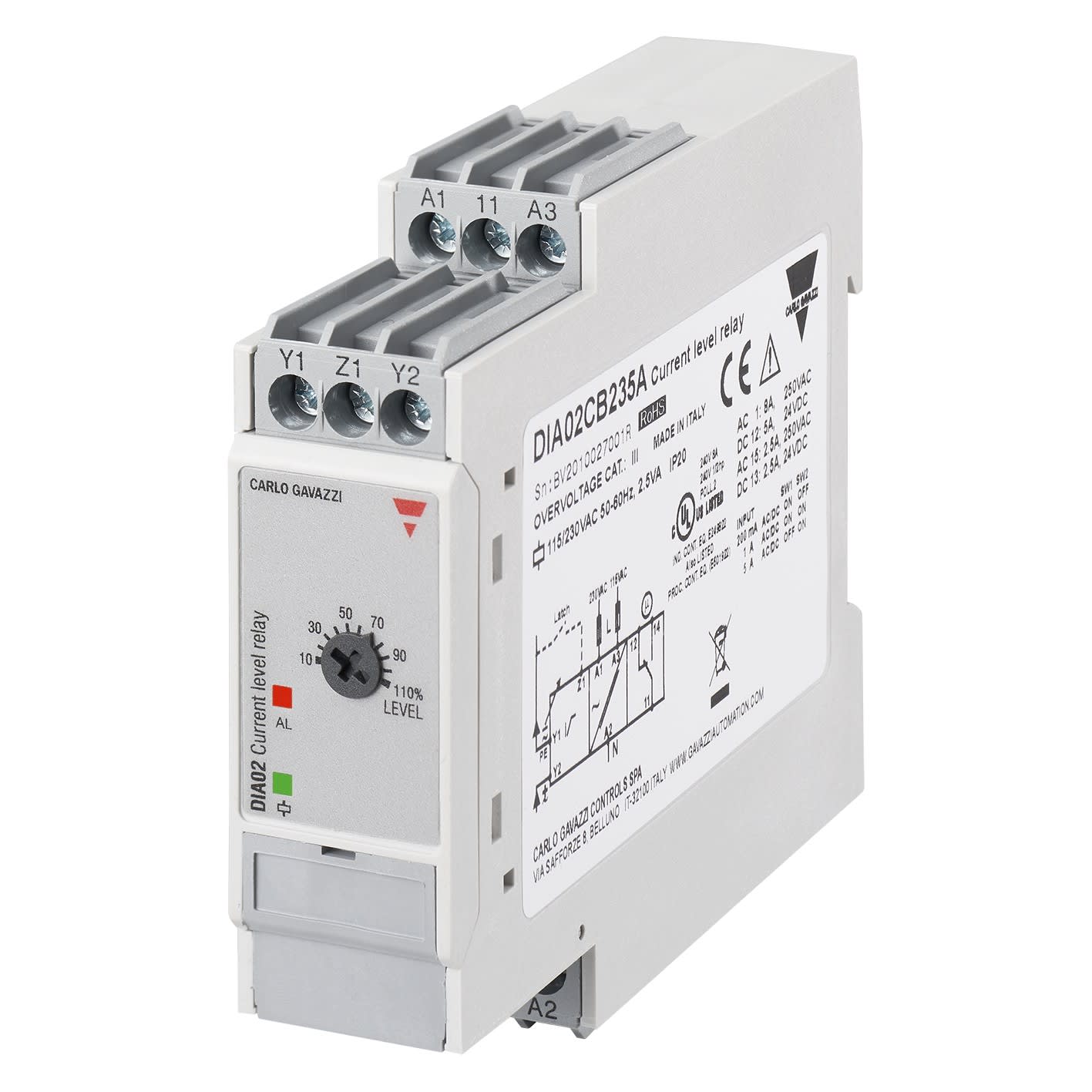 Carlo Gavazzi - Relais de contrôle monophasé de surintensité CA/CC, TRMS 115/230 VCA