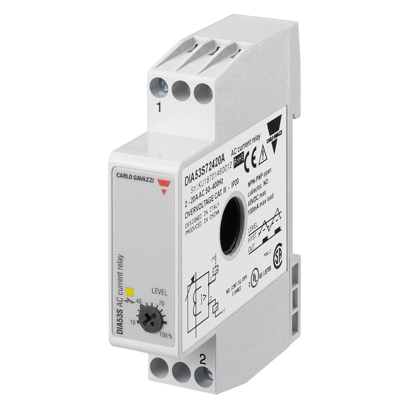 Carlo Gavazzi - Relais de contrôle surintensité - Ø 12mm - Mesure: 5-50A - <50ms- 2 fils 40Vcc