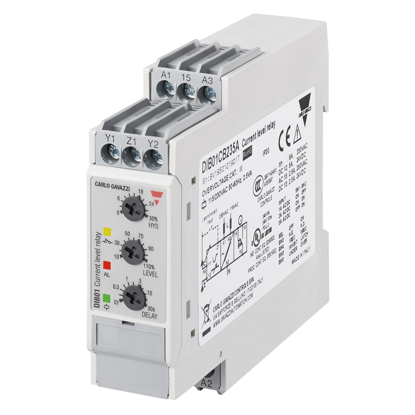Carlo Gavazzi - Relais de contrôle sur/sous-intensité - Mesure : 0,1 à 5A CA/CC - 24/48Vca