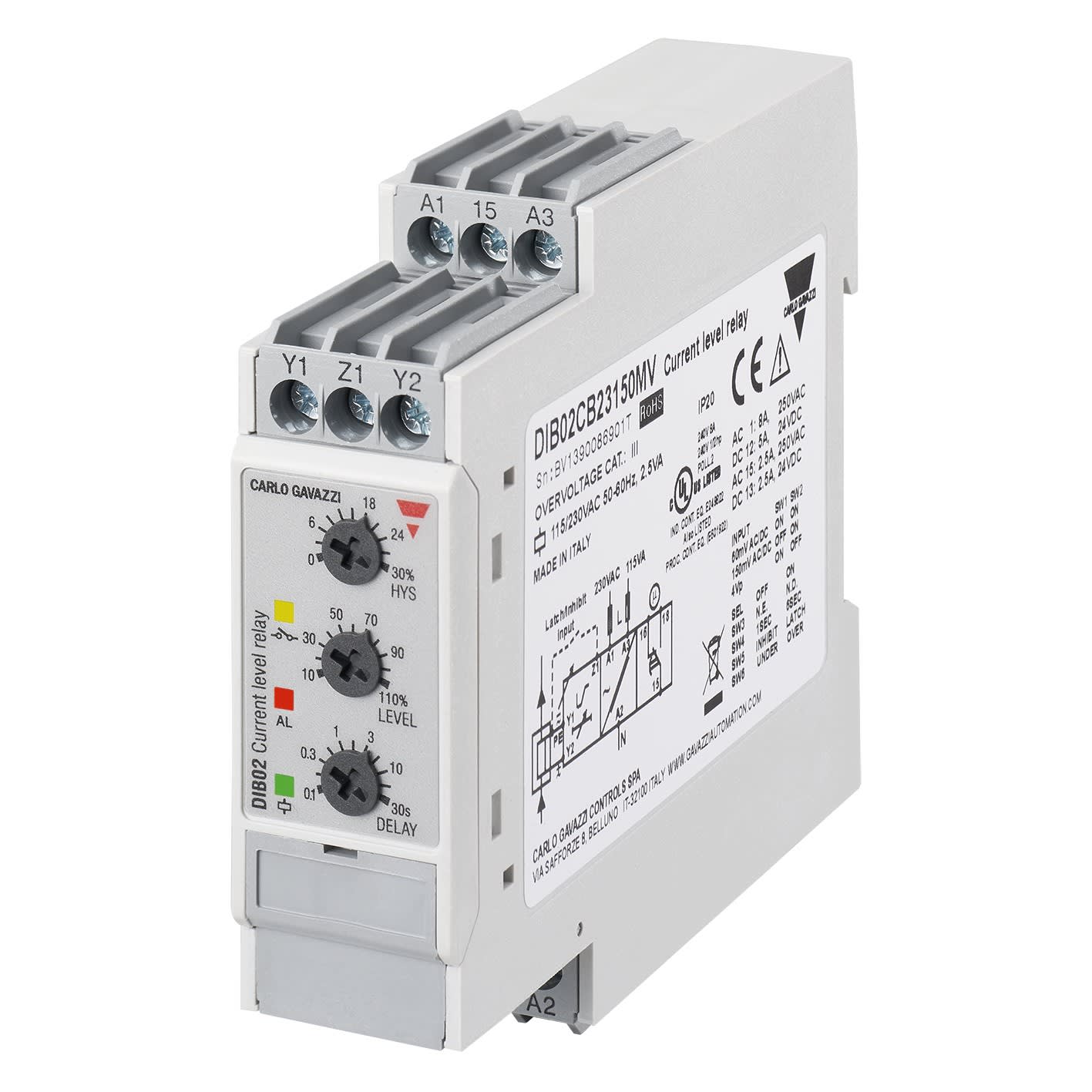 Carlo Gavazzi - Relais de contrôle sur/sous-intensité - Mesure : 6 - 150 mVCA/CC - 115/230Vca