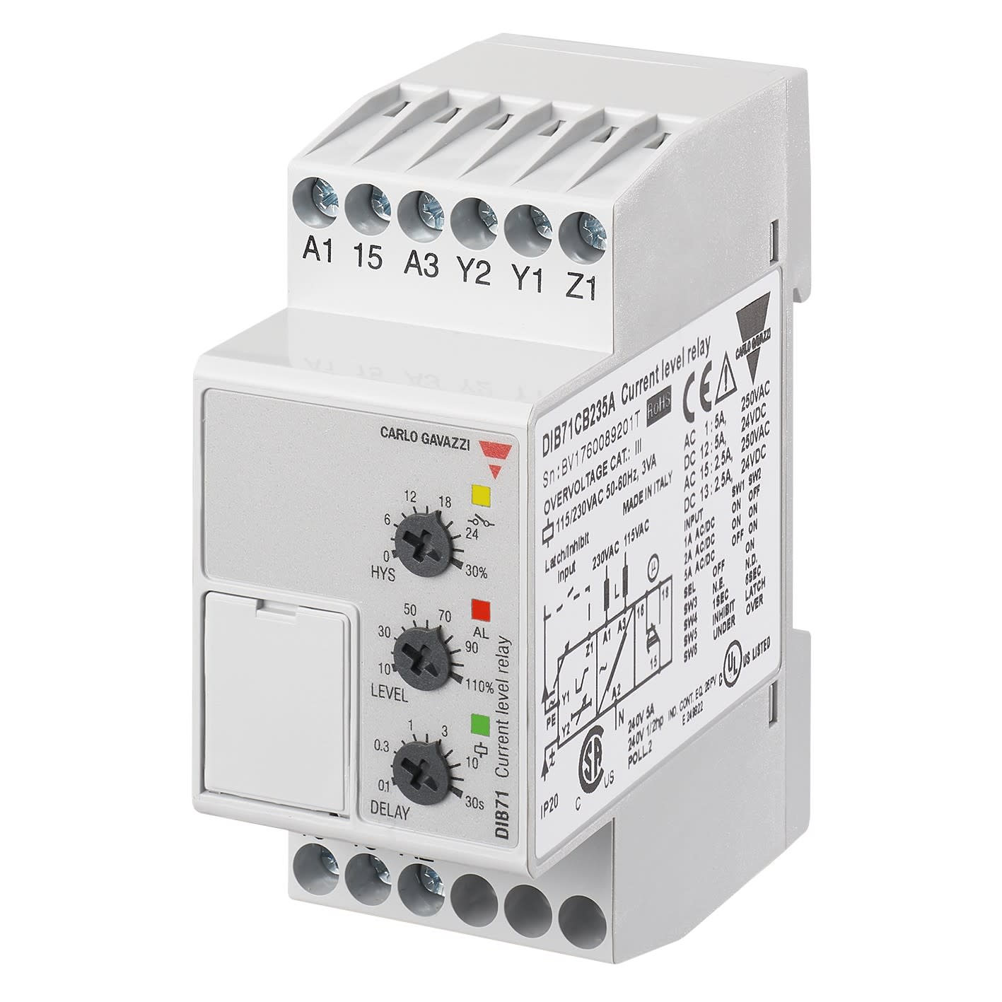 Carlo Gavazzi - Relais de contrôle sur/sous-intensité - Mesure : 0,1 à 5mA CA/CC - 115/230Vca