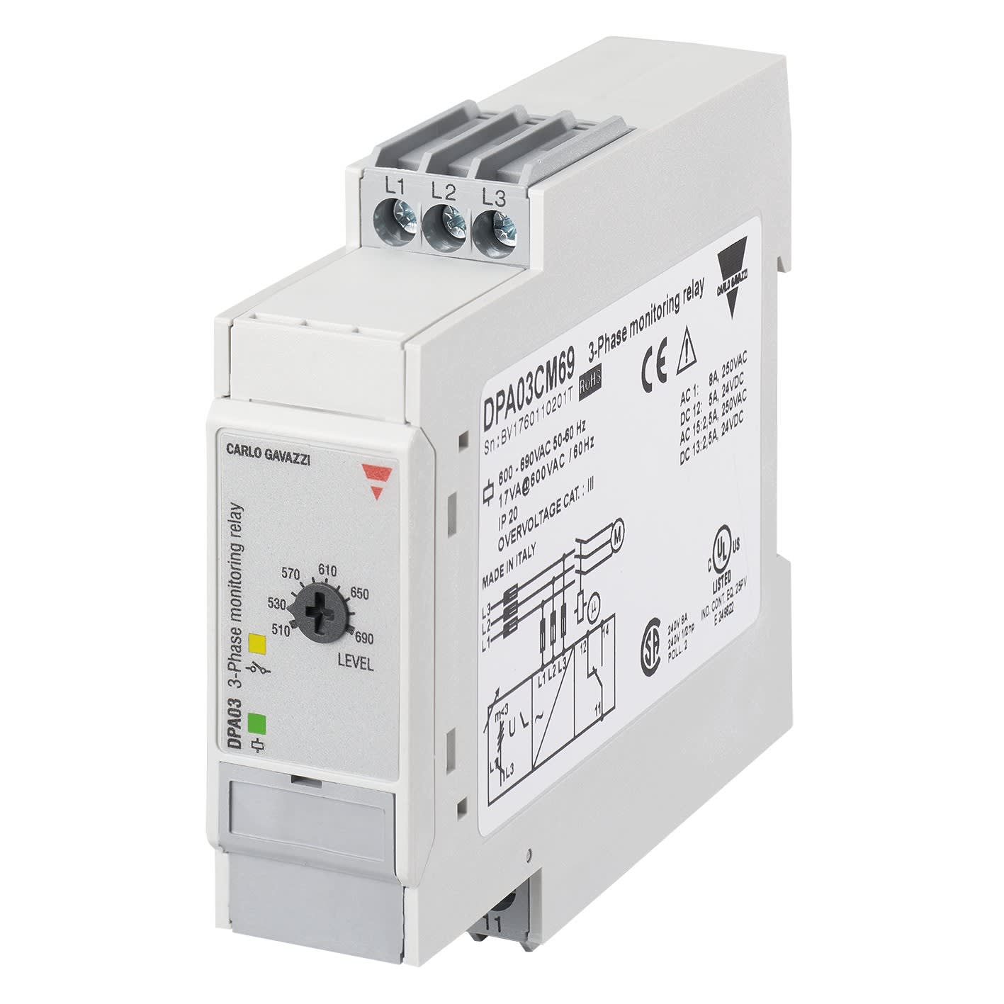 Carlo Gavazzi - Relais de contrôle sur/sous tension, ordre et perte de phase -Mesure: 208-240Vca