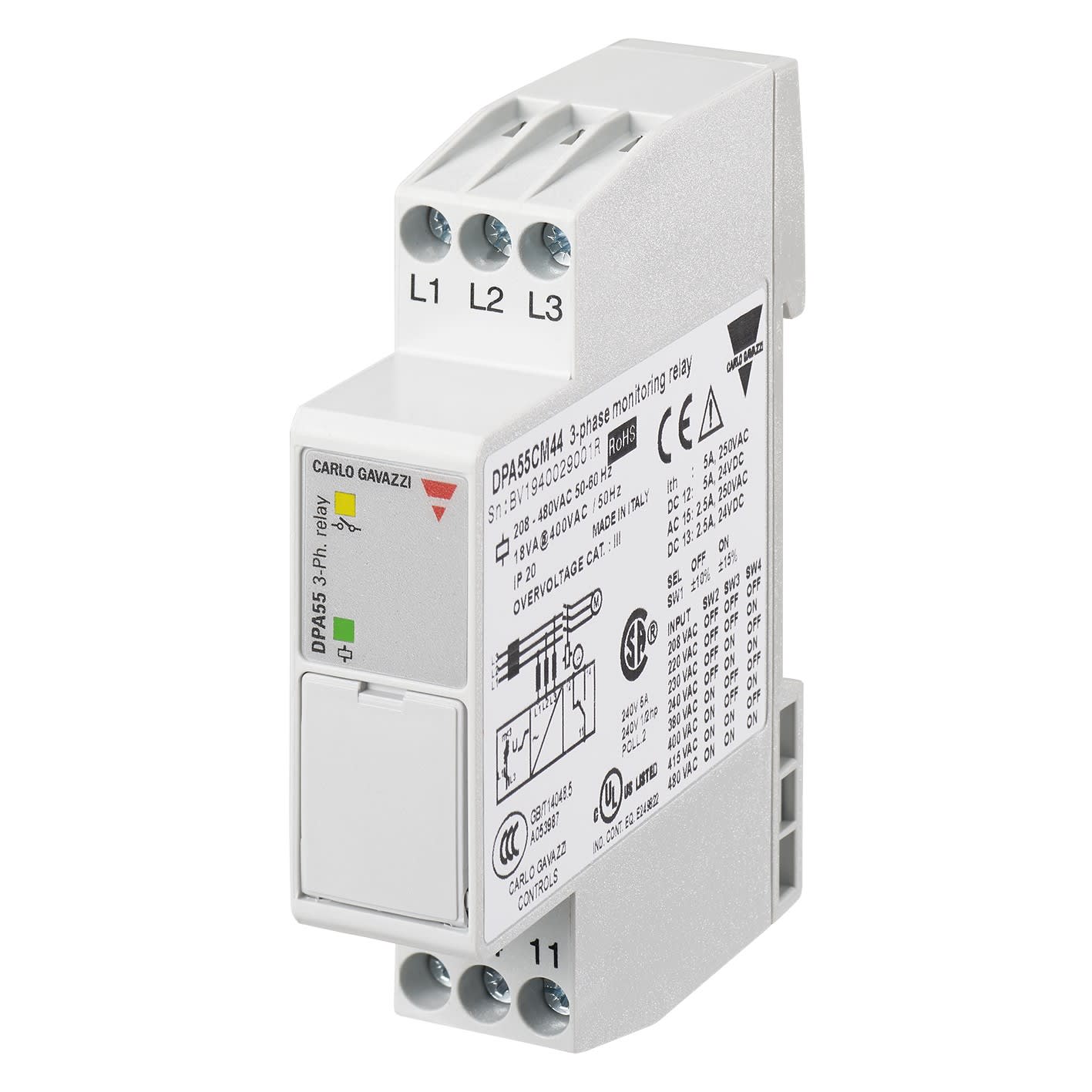 Carlo Gavazzi - Relais de contrôle sur/sous tension, ordre et perte de phase -Mesure: 208-480Vca