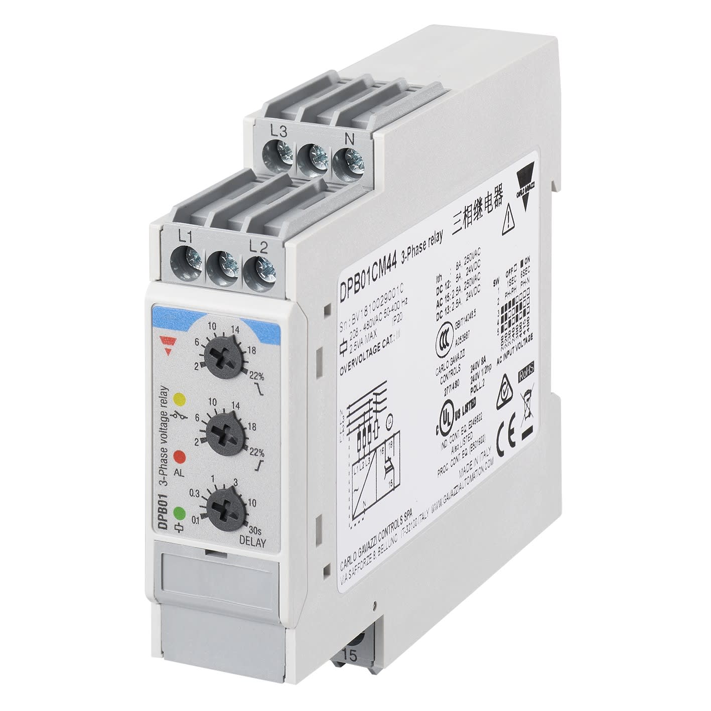 Carlo Gavazzi - Relais de contrôle sur/sous-tension ordre et perte de phase-Mesure: 380-480Vca