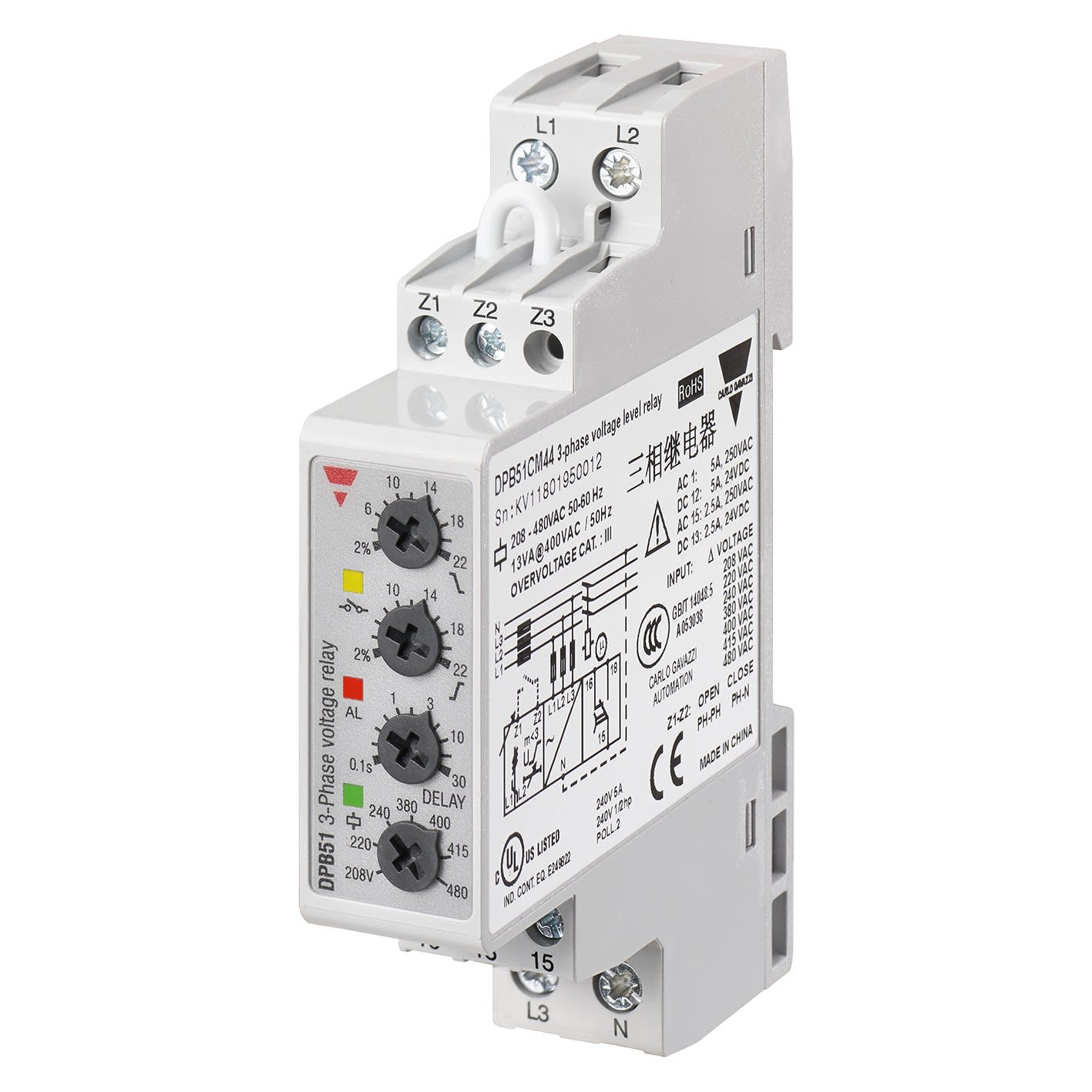 Carlo Gavazzi - Relais de contrôle sur/sous-tension ordre et perte de phase-Mesure: 208-480Vca
