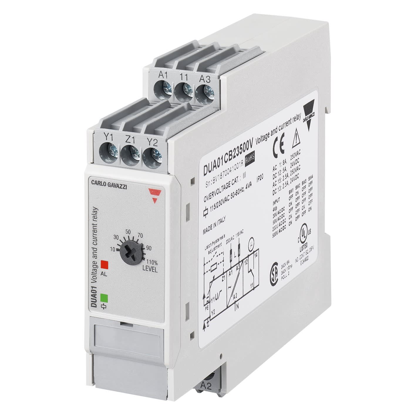 Carlo Gavazzi - Relais de contrôle surintensité/surtension - Mesure: 2-500Vca - 24/48Vca