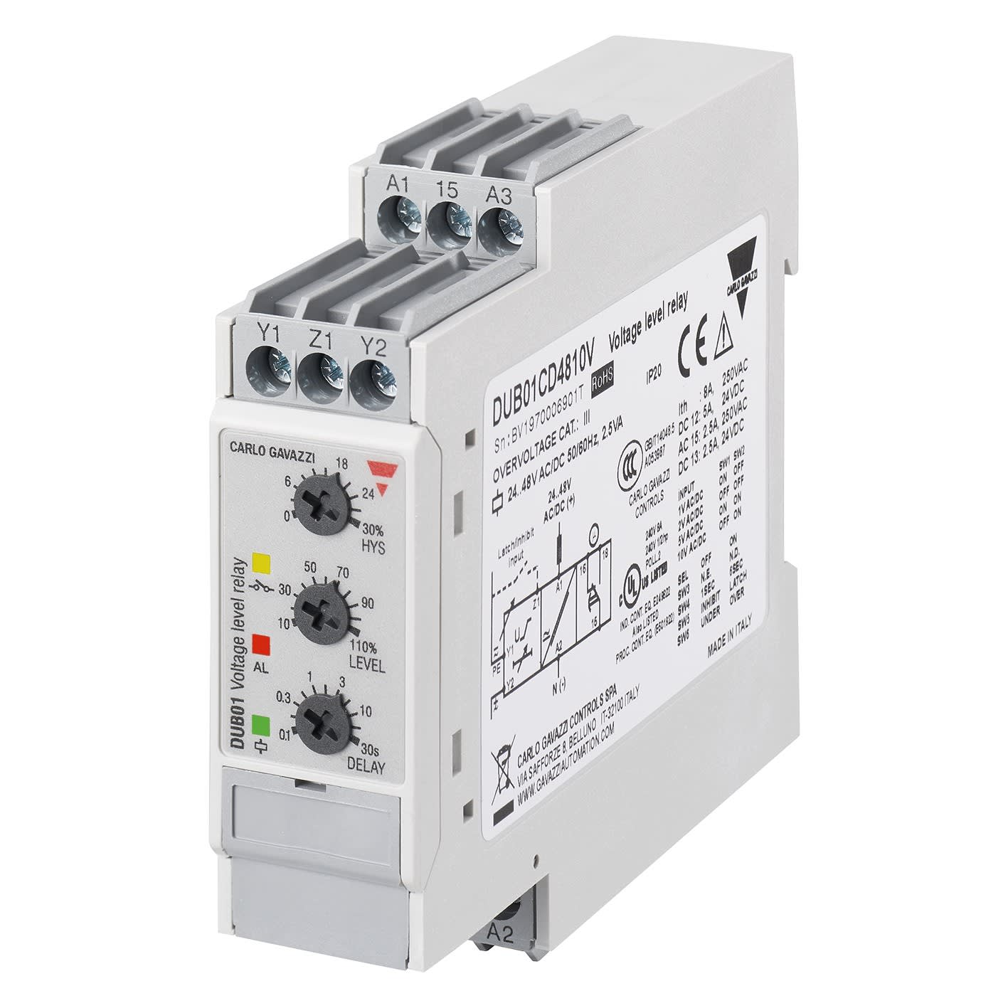 Carlo Gavazzi - Relais de contrôle sur/sous-tension - Mesure : 0,1-10Vca - 24/48Vca