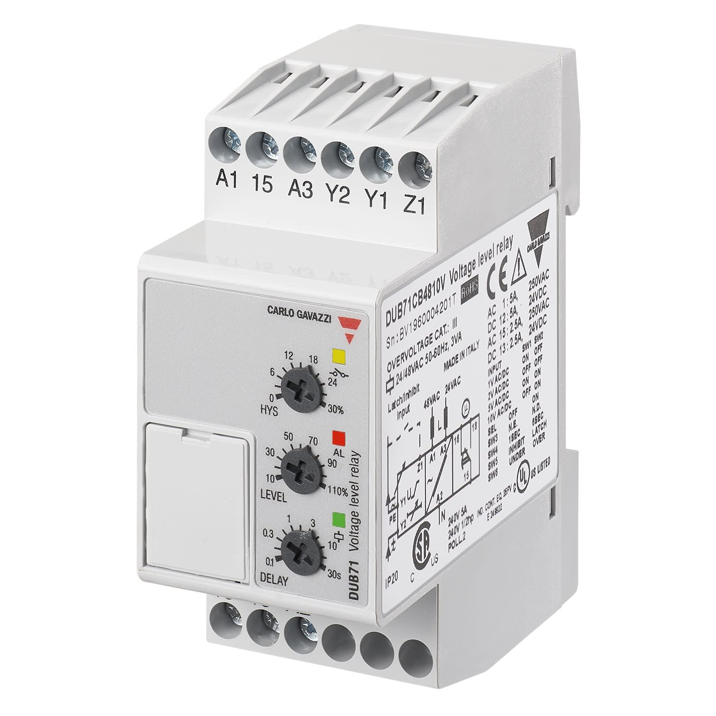 Carlo Gavazzi - Relais de contrôle sur/sous-tension - Mesure: 0,1-10Vca/cc - 115/230Vca