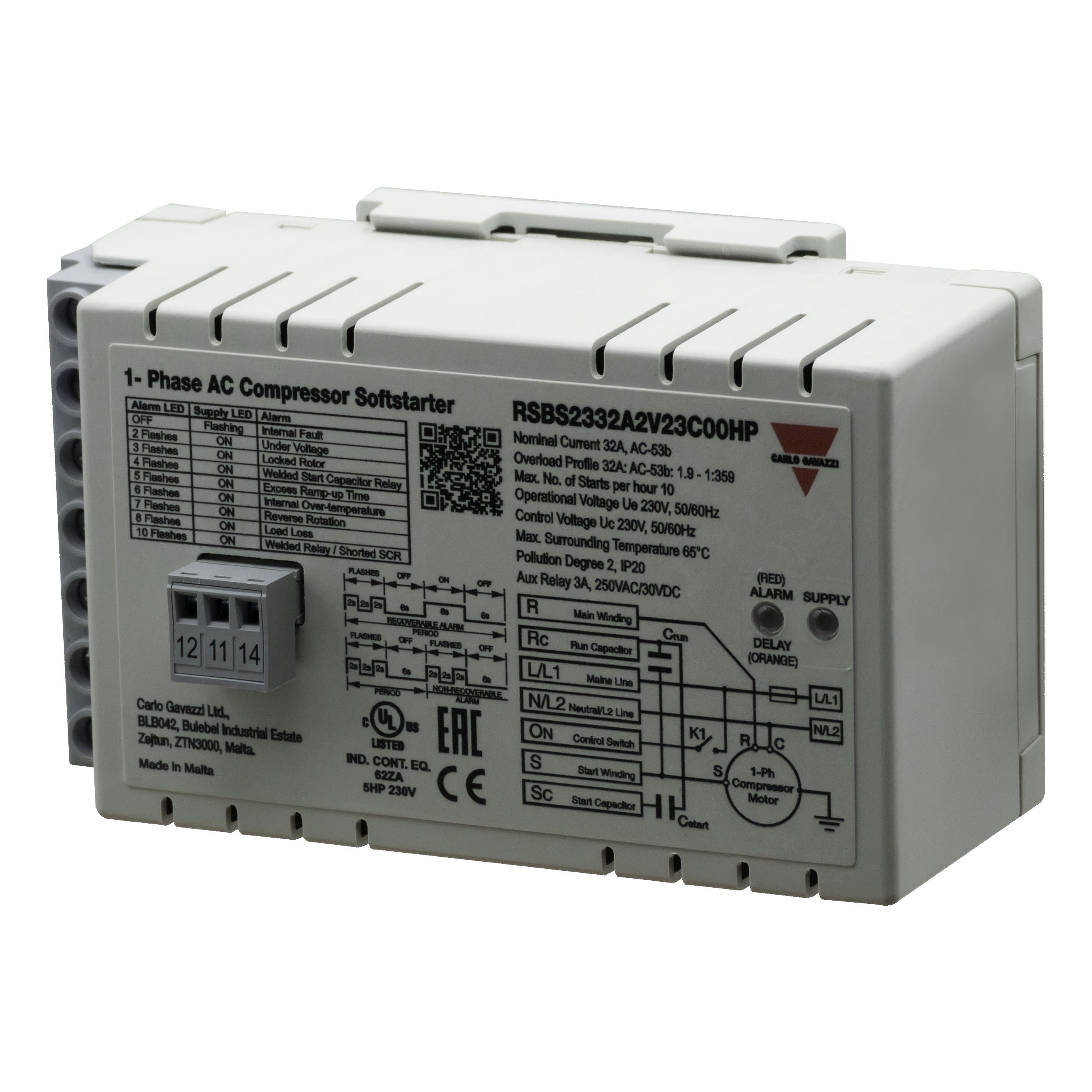 Carlo Gavazzi - Démarreur progressif 1ph compresseur 230V 32A Condensateur de démarrage ext HP