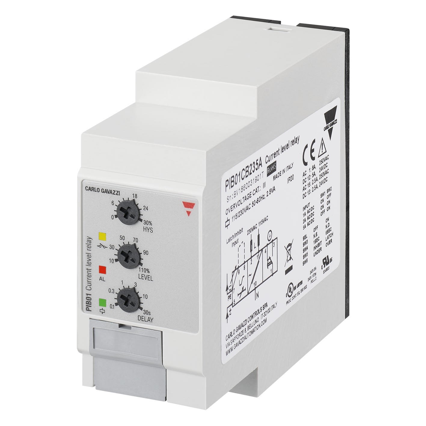 Carlo Gavazzi - Relais de contrôle sur/sous-intensité - Mesure : 0,1 à 5A CA/CC - 115/230Vca