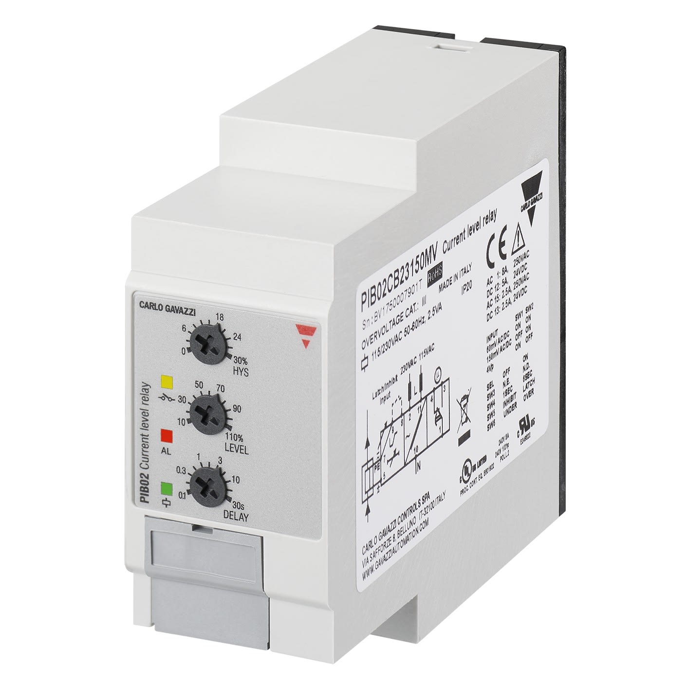 Carlo Gavazzi - Relais de contrôle sur/sous-intensité - Mesure : 6 - 150 mVCA/CC - 115/230Vca